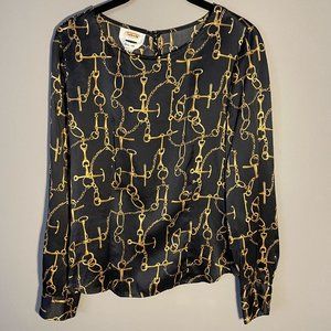 Talbots Pure Silk Black Gold Chain Long Sleeve Blouse